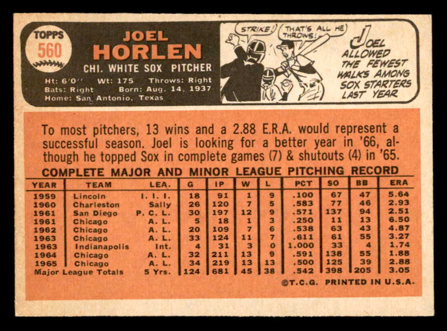 1966 Topps Baseball #560 Joel Horlen White Sox VG-EX 553139