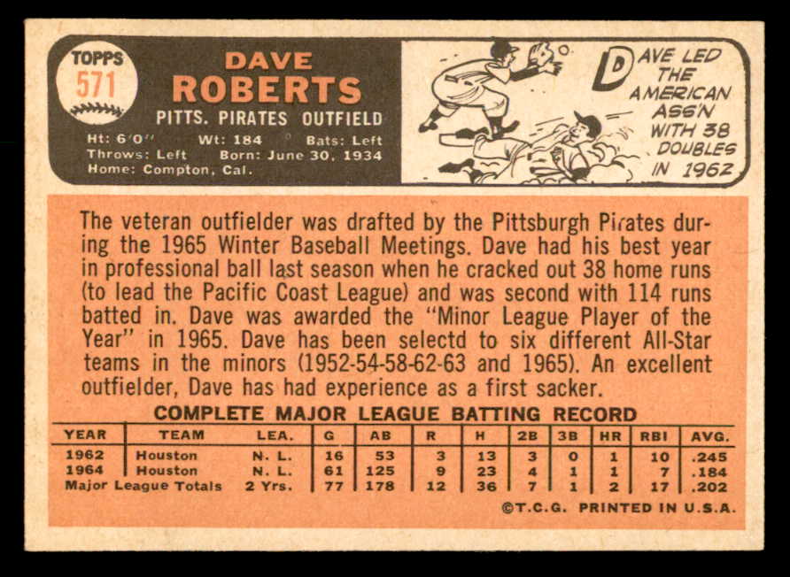 1966 Topps Baseball #571 Dave Roberts Pirates EX-MT 553155