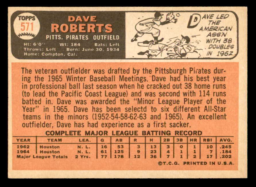 1966 Topps Baseball #571 Dave Roberts Pirates EX 553156