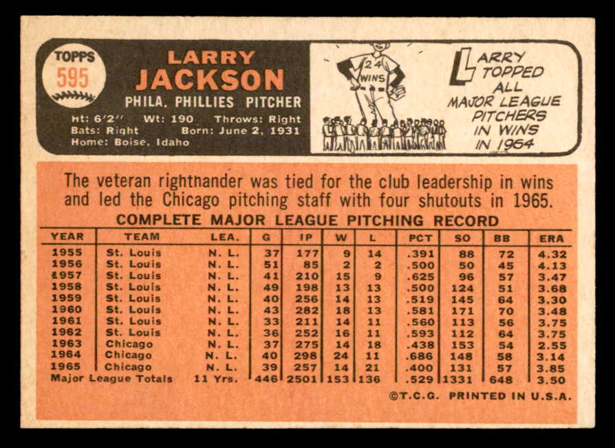 1966 Topps Baseball #595 Larry Jackson Phillies EX-MT 553194