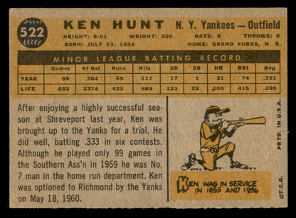 1960 Topps Baseball #522 Ken Hunt Yankees VG-EX 553219