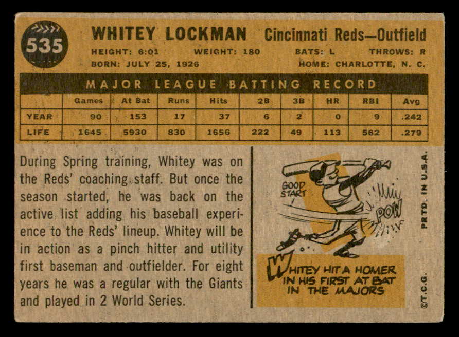 1960 Topps Baseball #535 Whitey Lockman Reds VG-EX 553236