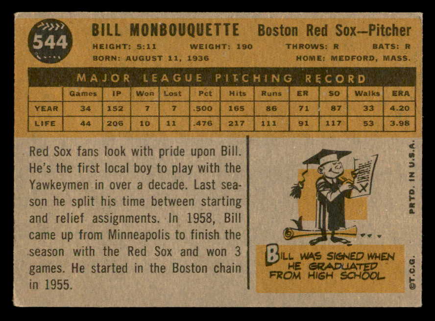 1960 Topps Baseball #544 Bill Monbouquette Red Sox VG-EX 553246