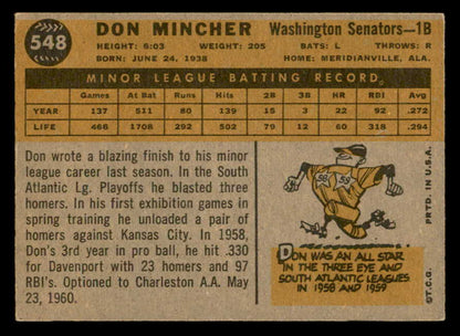 1960 Topps Baseball #548 Don Mincher Senators EX-MT 553253