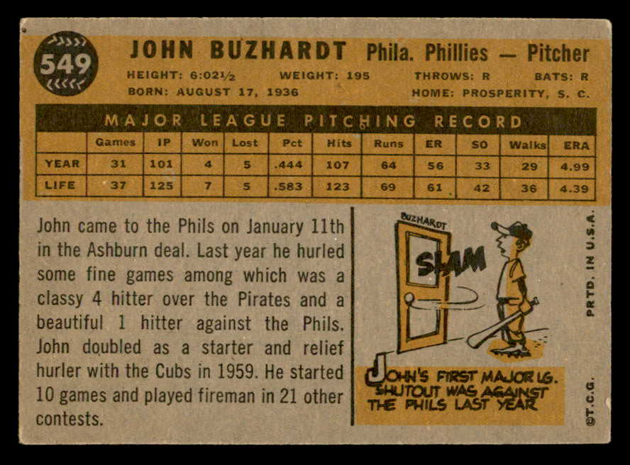 1960 Topps Baseball #549 John Buzhardt Phillies VG-EX 553254