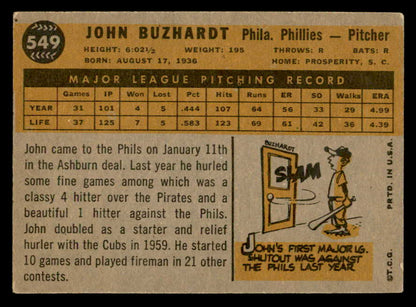 1960 Topps Baseball #549 John Buzhardt Phillies VG-EX 553254