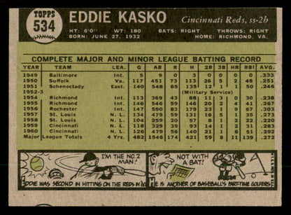 1961 Topps Baseball #534 Eddie Kasko Reds EX-MT 553286