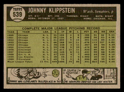 1961 Topps Baseball #539 Johnny Klippstein Senators EX-MT 553291