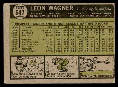 1961 Topps Baseball #547 Leon Wagner Angels VG 553301