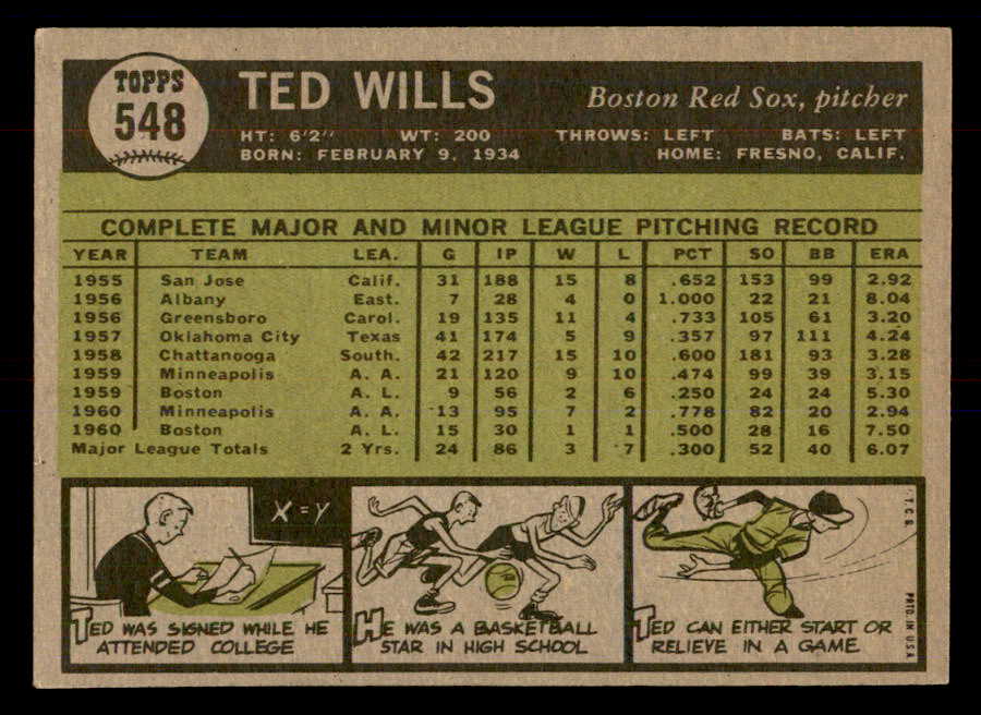 1961 Topps Baseball #548 Ted Wills Red Sox EX-MT 553303