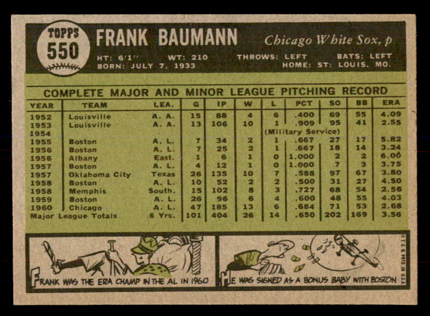 1961 Topps Baseball #550 Frank Baumann White Sox NR-MT 553307