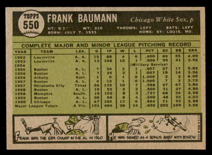 1961 Topps Baseball #550 Frank Baumann White Sox NR-MT 553307