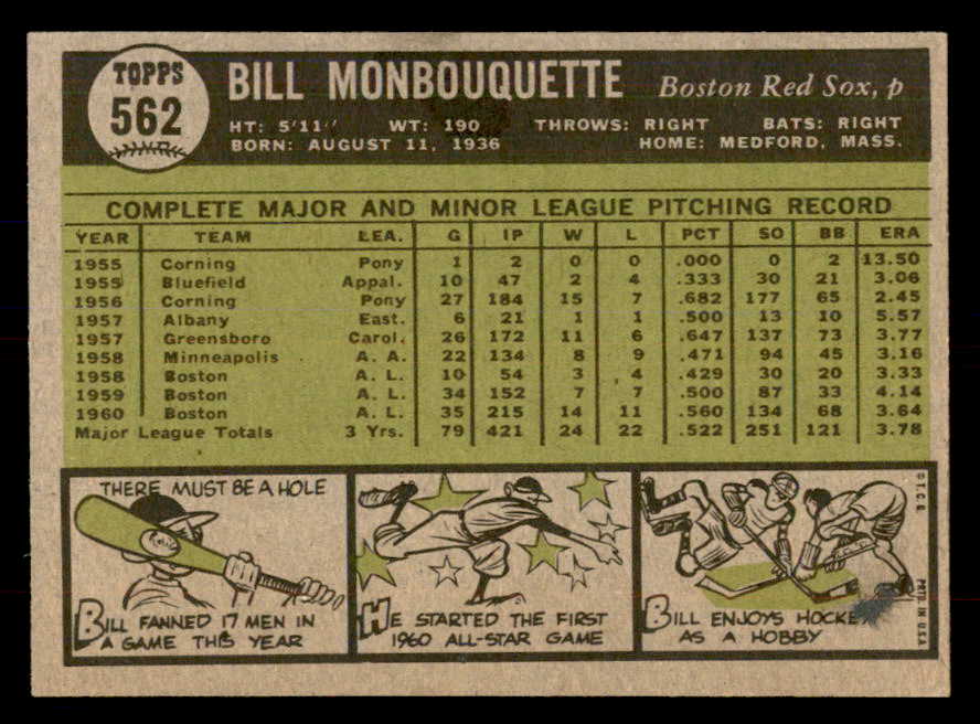 1961 Topps Baseball #562 Bill Monbouquette Red Sox NR-MT 553325