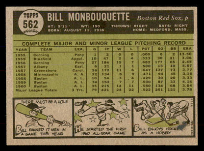 1961 Topps Baseball #562 Bill Monbouquette Red Sox NR-MT 553325