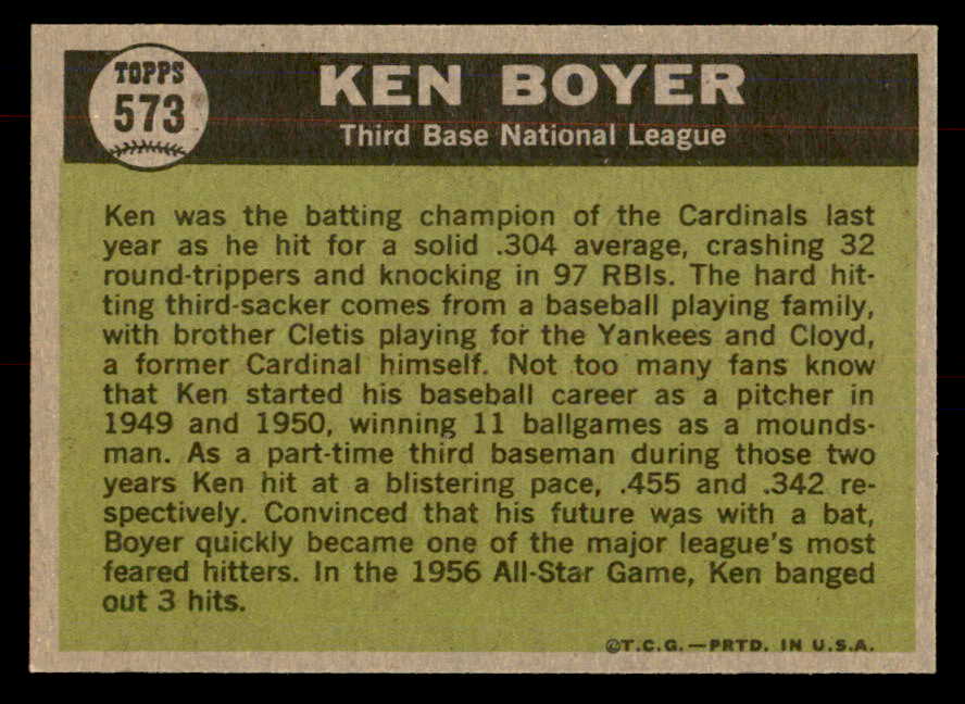 1961 Topps Baseball #573 Ken Boyer A.S. Cardinals NR-MT 553340