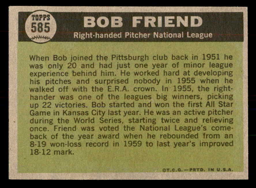 1961 Topps Baseball #585 Bob Friend A.S. Pirates EX-MT 553350