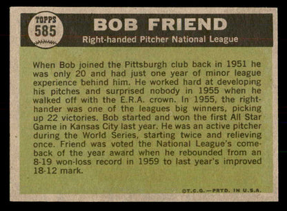 1961 Topps Baseball #585 Bob Friend A.S. Pirates EX-MT 553350