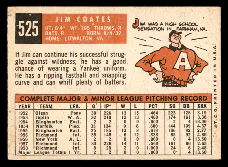 1959 Topps Baseball #525 Jim Coates Yankees EX-MT 553365