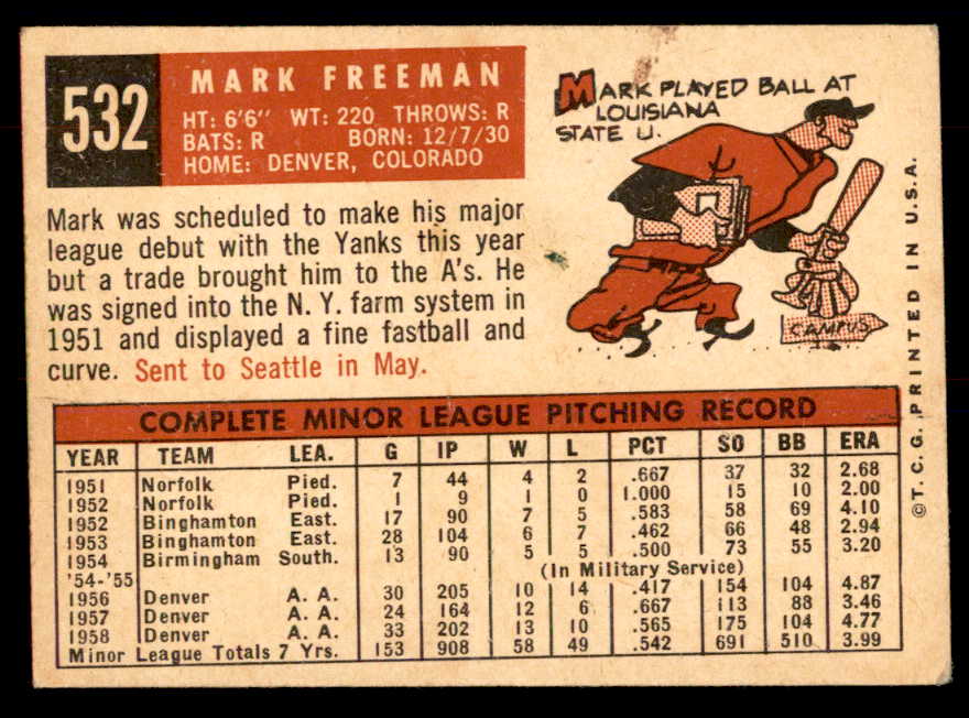 1959 Topps Baseball #532 Mark Freeman A's EX-MT 553372