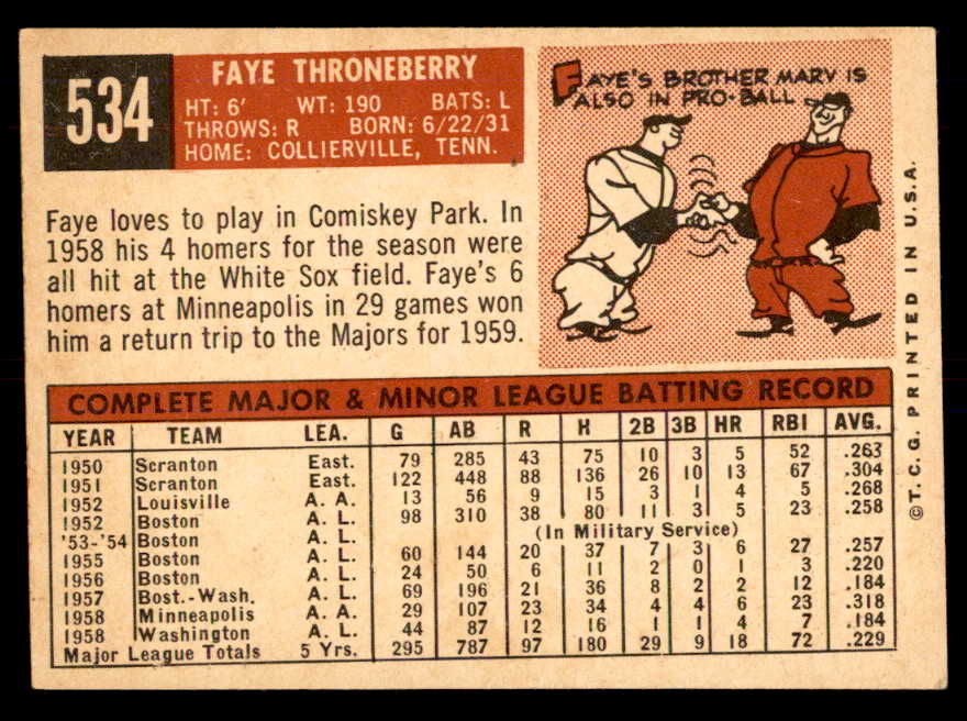1959 Topps Baseball #534 Faye Throneberry Senators EX+/EX-MT 553374