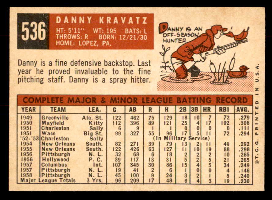 1959 Topps Baseball #536 Danny Kravitz Pirates EX-MT 553376