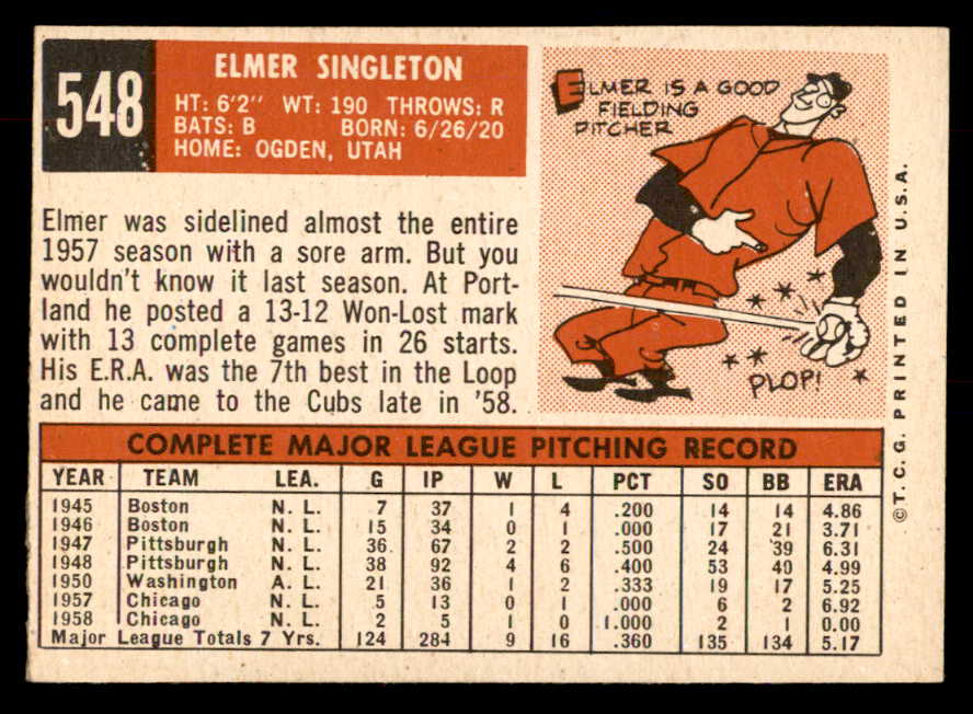 1959 Topps Baseball #548 Elmer Singleton Cubs EX+/EX-MT 553387