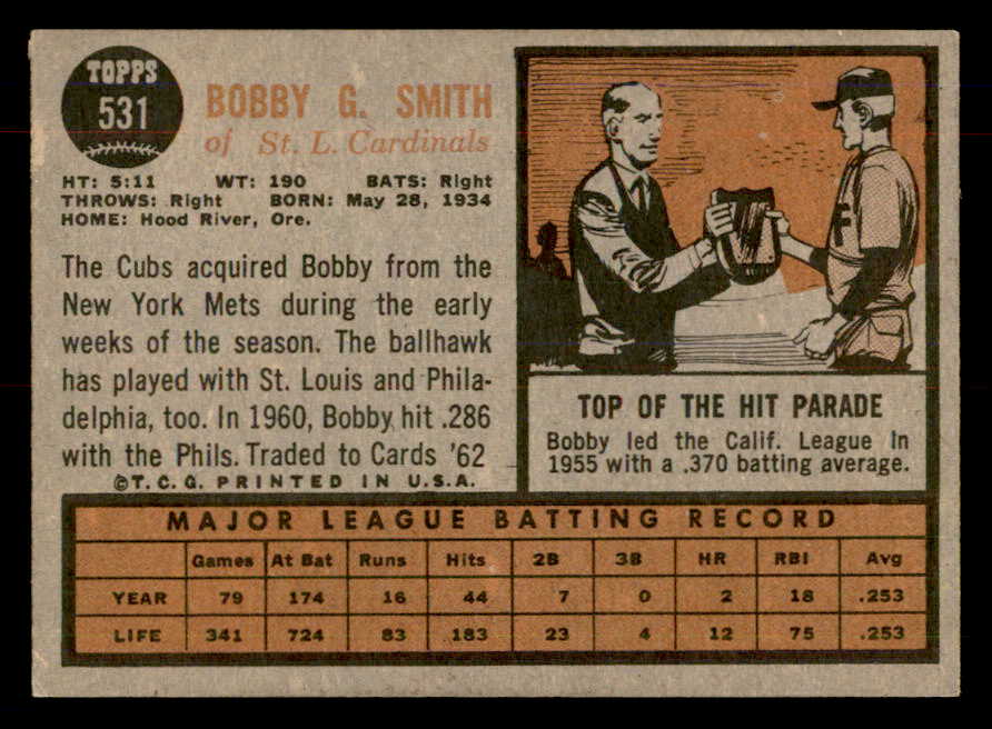 1962 Topps Baseball #531 Bobby Smith Cardinals NR-MT 553417