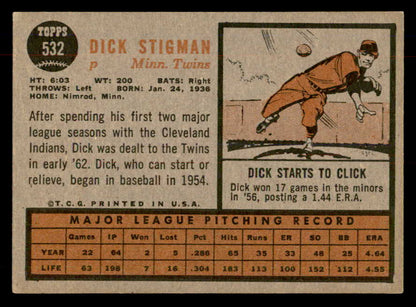 1962 Topps Baseball #532 Dick Stigman Twins EX-MT 553418