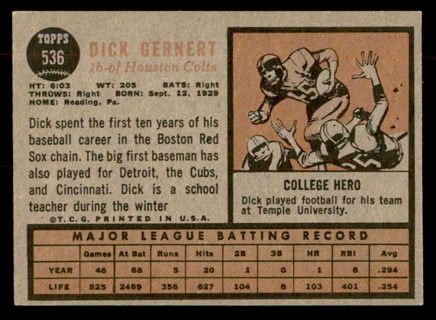 1962 Topps Baseball #536 Dick Gernert Colt .45s EX-MT 553424