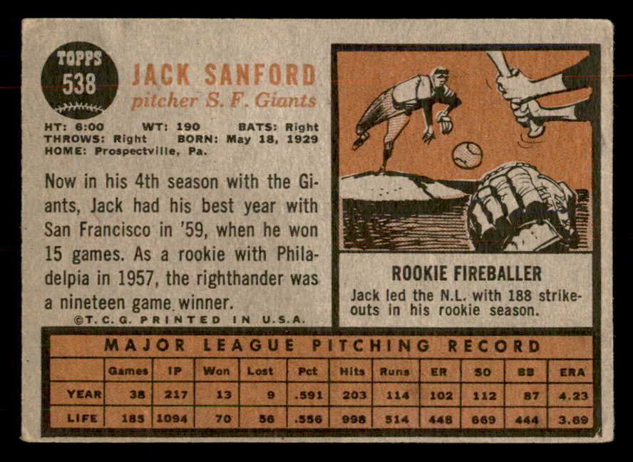 1962 Topps Baseball #538 Jack Sanford Giants VG-EX 553427