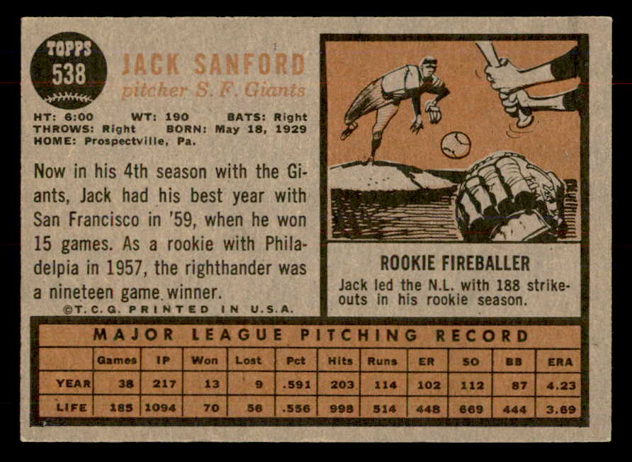 1962 Topps Baseball #538 Jack Sanford Giants EX-MT 553428