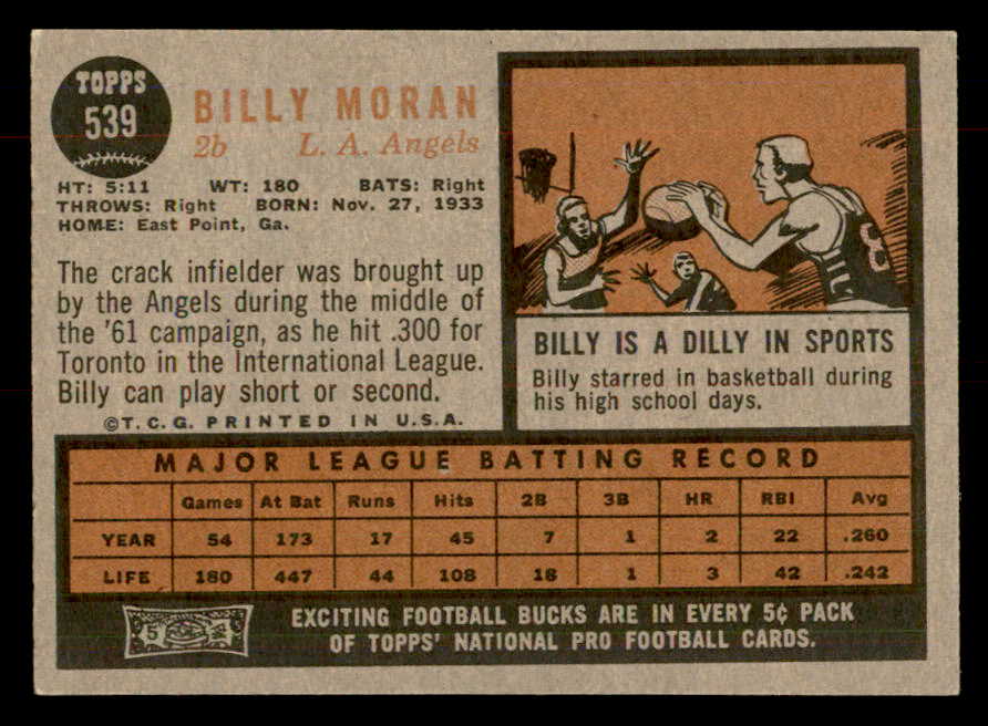 1962 Topps Baseball #539 Billy Moran Angels EX+/EX-MT 553429