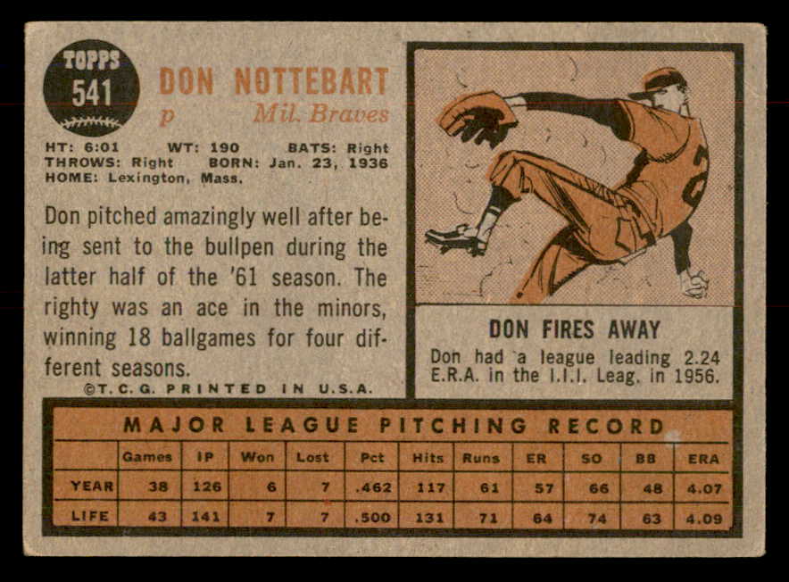 1962 Topps Baseball #541 Don Nottebart Braves VG-EX 553433