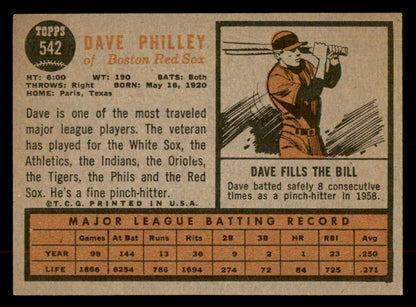 1962 Topps Baseball #542 Dave Philley Red Sox EX-MT 553434