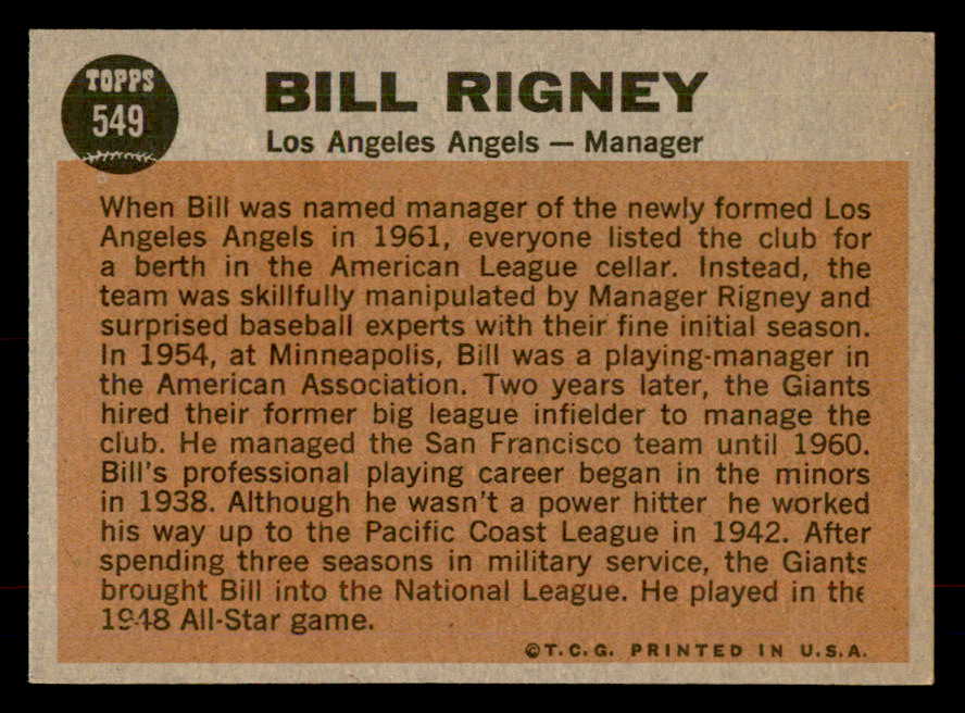1962 Topps Baseball #549 Bill Rigney Angels EX-MT 553444