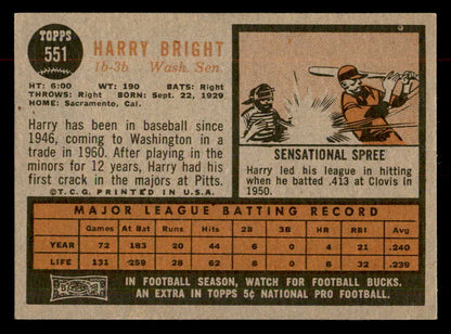 1962 Topps Baseball #551 Harry Bright Senators EX-MT 553448