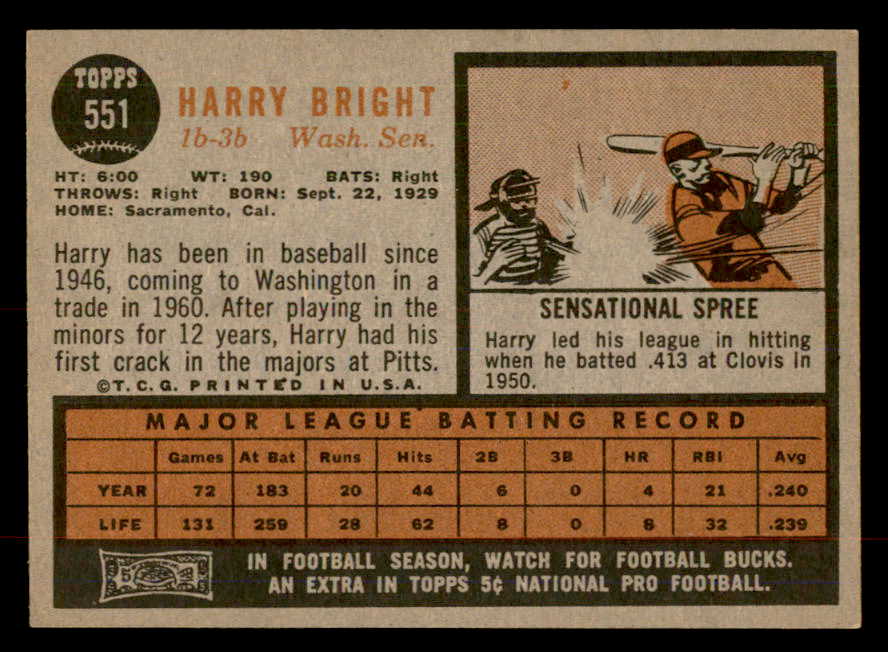 1962 Topps Baseball #551 Harry Bright Senators EX-MT 553449
