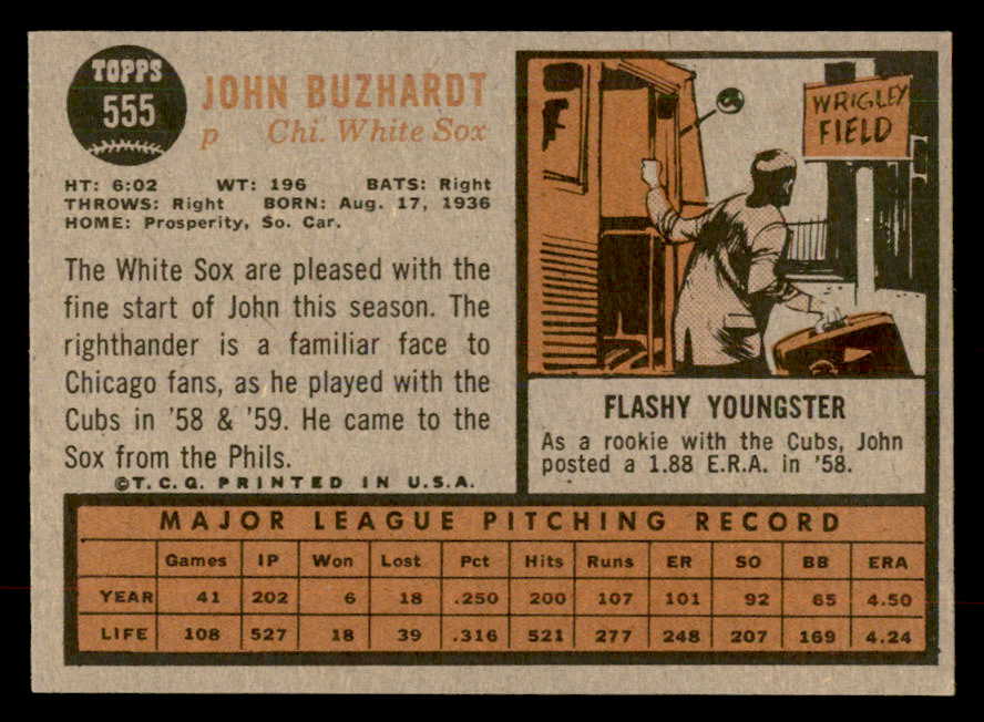 1962 Topps Baseball #555 John Buzhardt White Sox EX-MT 553457