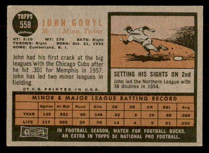 1962 Topps Baseball #558 John Goryl Twins EX-MT 553463