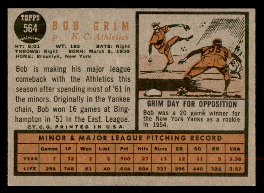 1962 Topps Baseball #564 Bob Grim A's EX-MT 553474