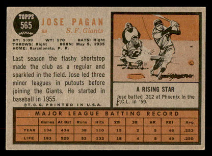 1962 Topps Baseball #565 Jose Pagan Giants EX 553478