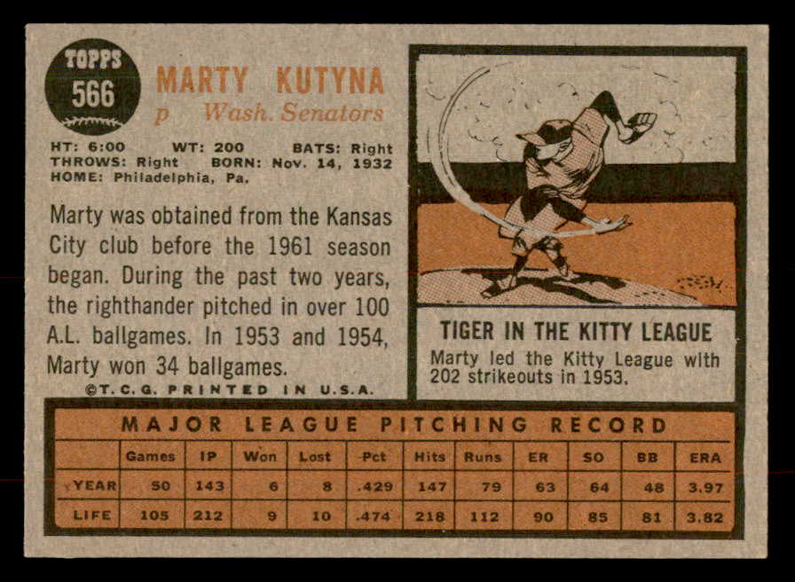 1962 Topps Baseball #566 Marty Kutyna Senators EX-MT 553479
