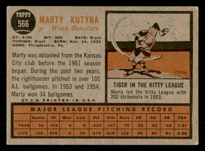 1962 Topps Baseball #566 Marty Kutyna Senators EX 553480