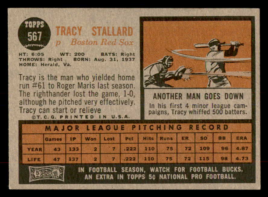 1962 Topps Baseball #567 Tracy Stallard Red Sox EX-MT 553481
