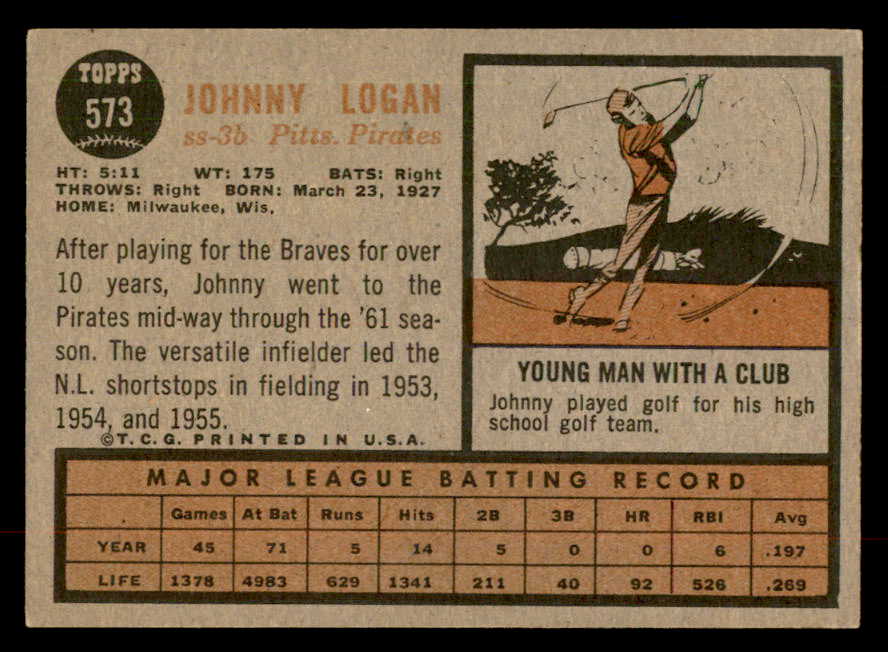 1962 Topps Baseball #573 Johnny Logan Pirates EX-MT 553493