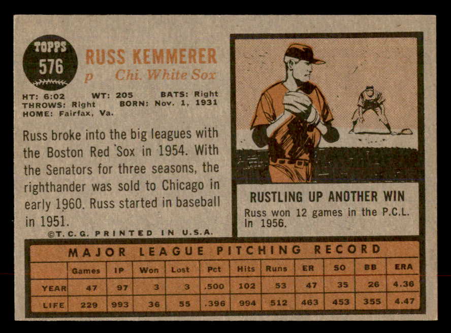 1962 Topps Baseball #576 Russ Kemmerer White Sox EX-MT 553497