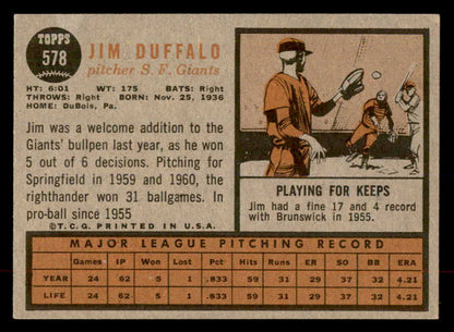 1962 Topps Baseball #578 Jim Duffalo Giants EX-MT 553501