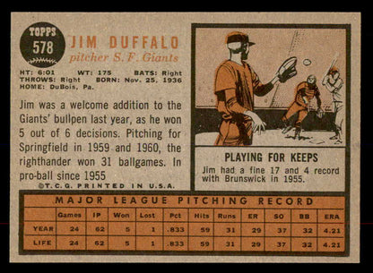 1962 Topps Baseball #578 Jim Duffalo Giants EX-MT 553502