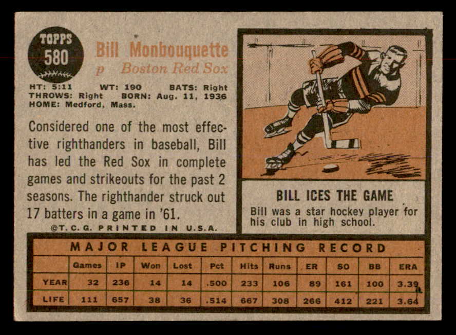 1962 Topps Baseball #580 Bill Monbouquette Red Sox VG-EX 553505