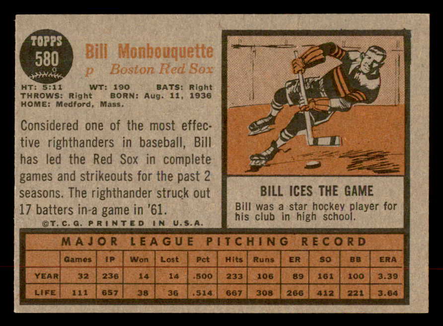 1962 Topps Baseball #580 Bill Monbouquette Red Sox EX 553506